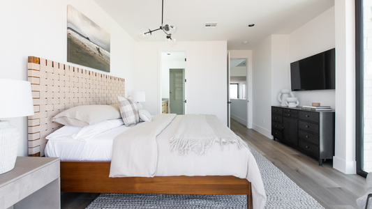 Bedroom with Hewn's Rustic Stoneform® in a room designed by Becki Owens