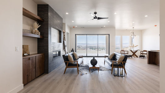 Elite Join flooring in a leaving room with a modern, rustic design.