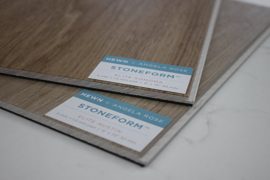 Two 12" samples of Stoneform colorways from the Angela Rose Elite Stoneform Collection: Sonoma and Austin