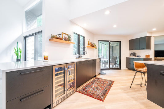 Stoneform color Rustic in a modern kitchen with mid century modern touches for a durable, waterproof, scratch proof flooring that's beautiful and more eco-friendly than other traditional flooring options