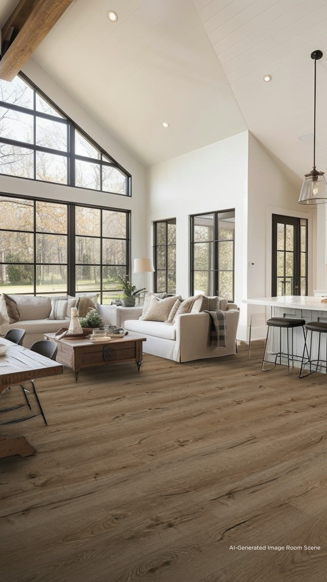 A rendering of DeBoer Collection Orchard Elite Stoneform in an AI generated open floor plan living room