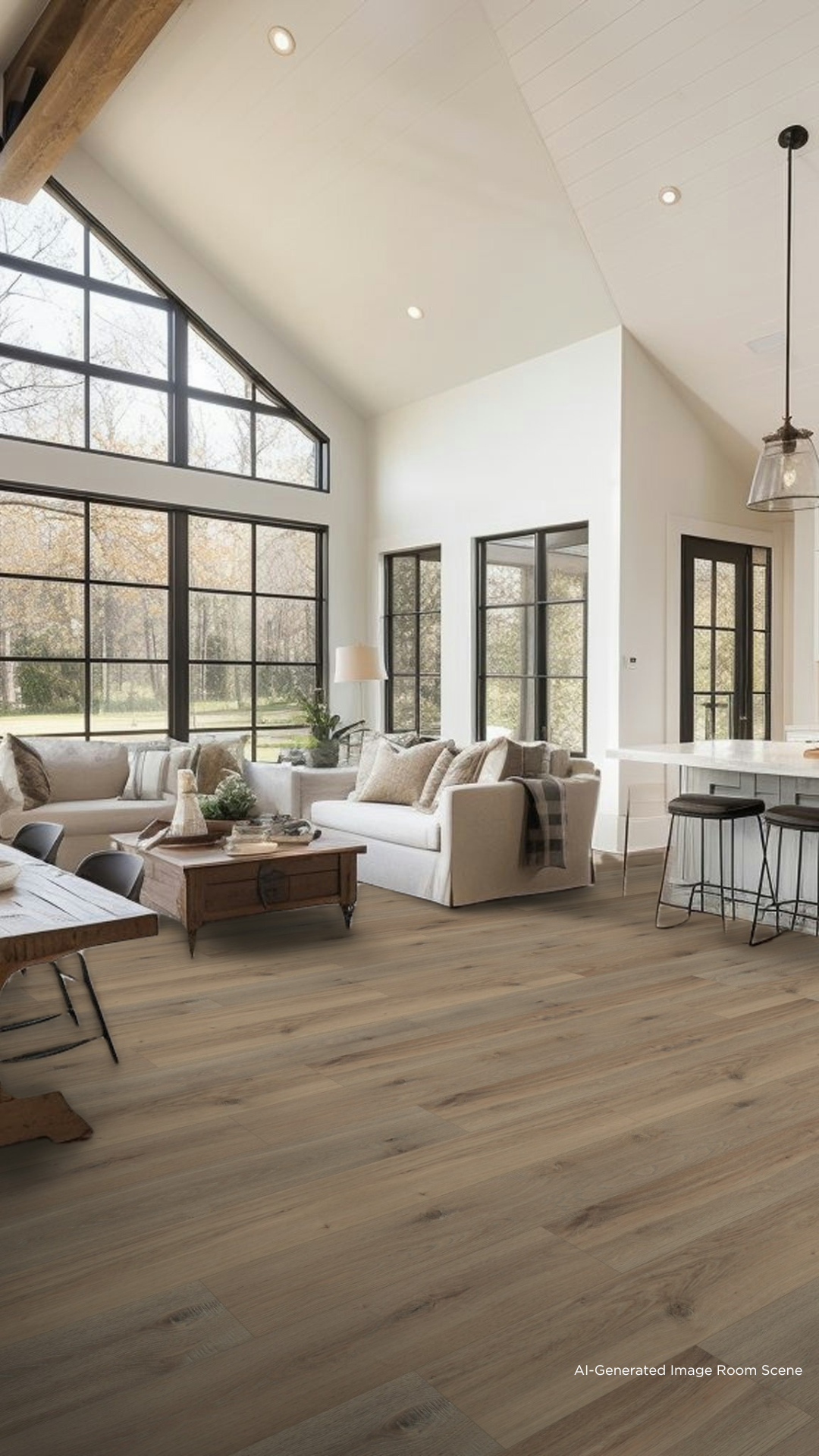 A rendering of DeBoer Collection Timber Elite Stoneform in an AI generated open floor plan living room