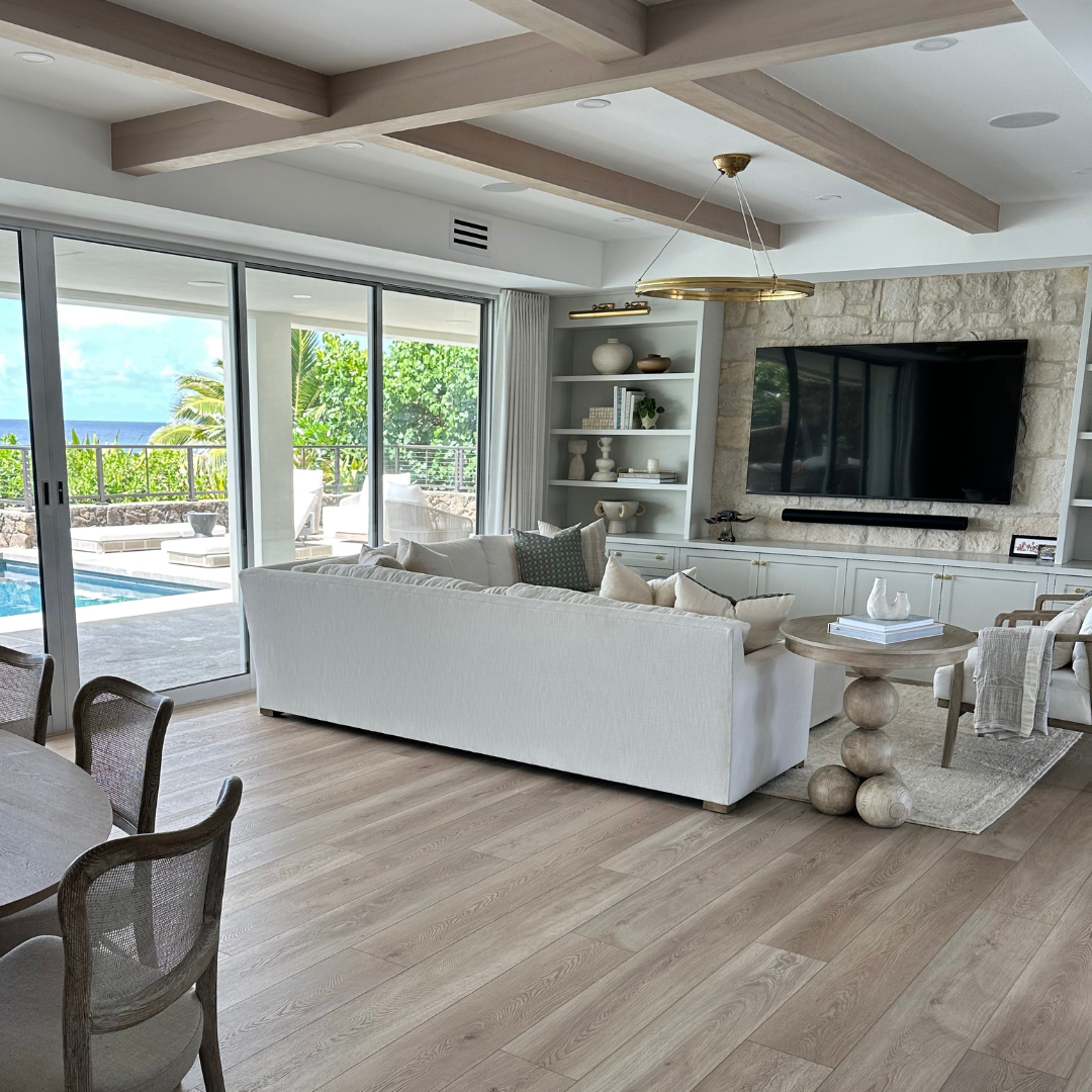 Hewn's Weathered Stonefrom® from the Becki Owens Collection installed in the living room of a beach house in Hawaii.