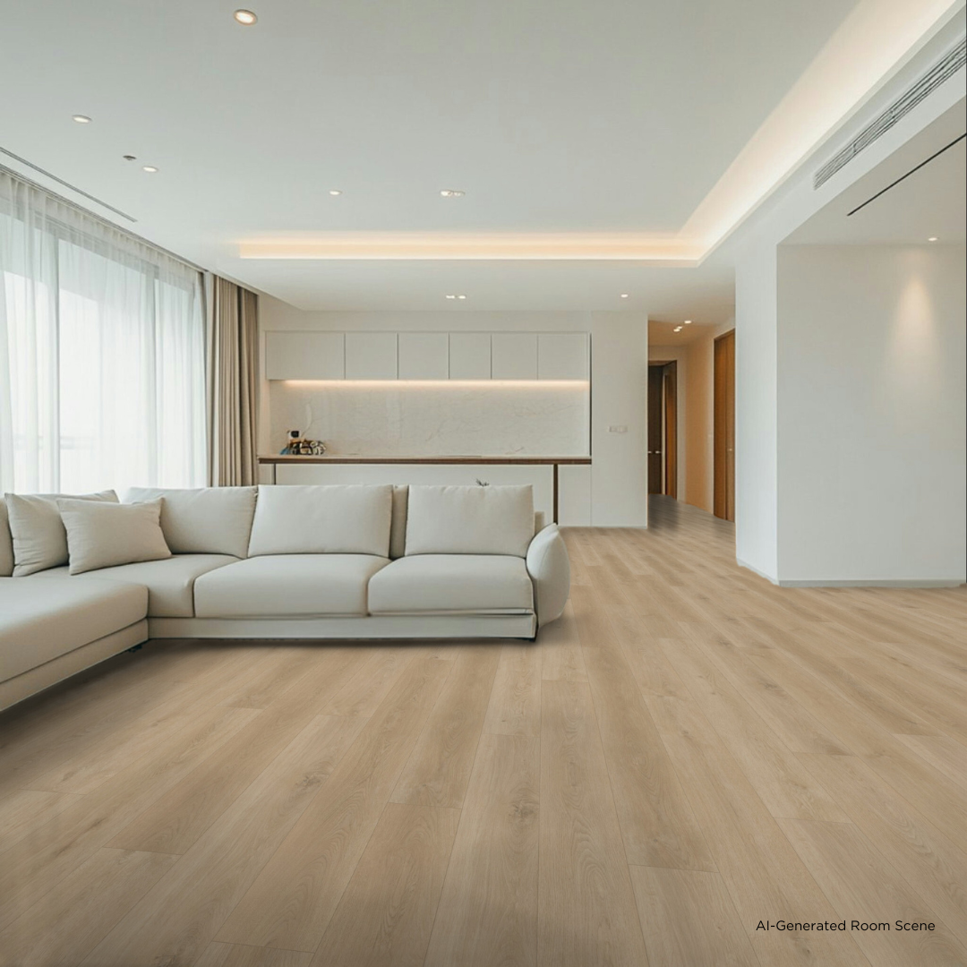 A rendering of a living room featuring Angela Rose Elite Shore Hewn Stoneform luxury flooring.