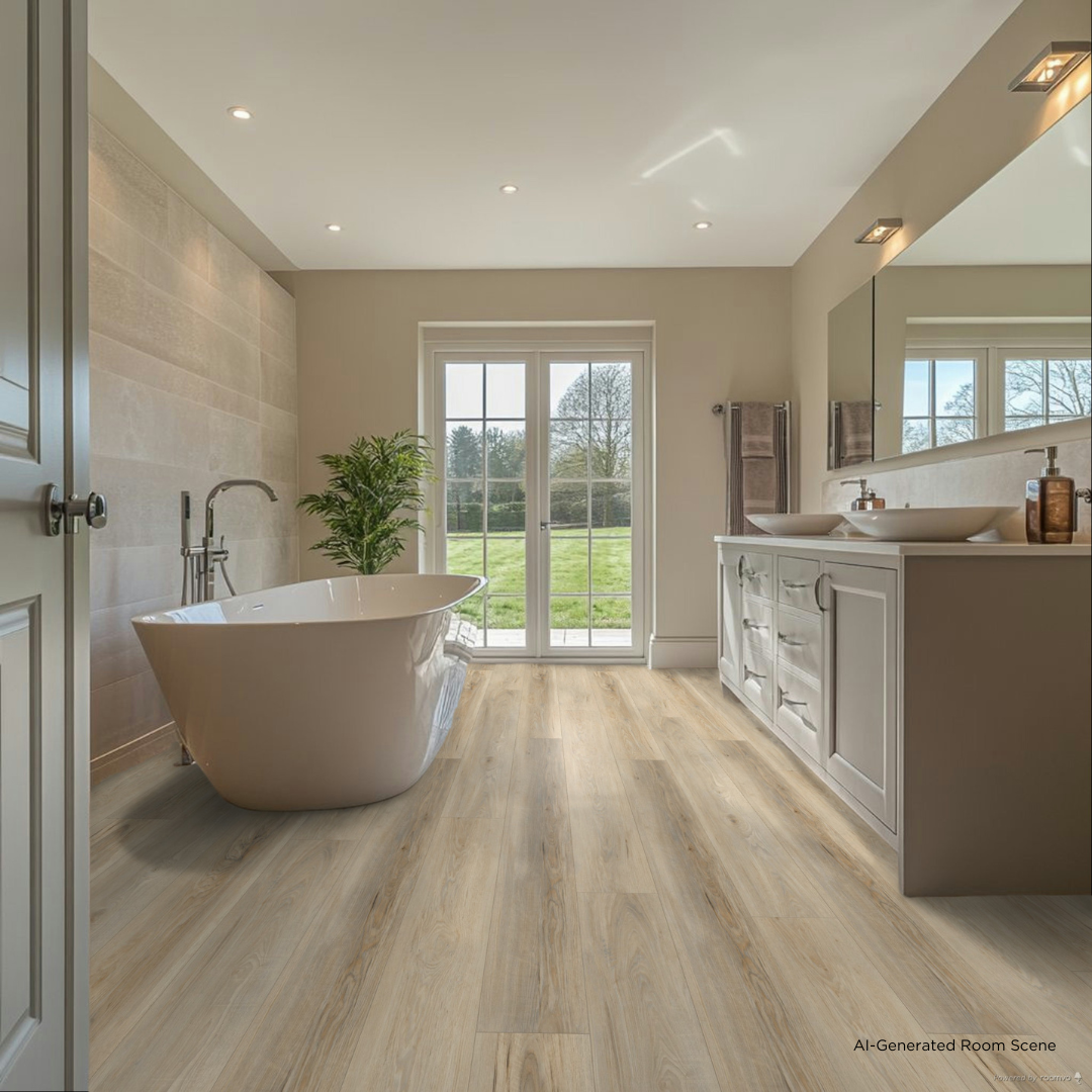 AI-Generated Room Scene with Becki Owens Allure Stoneform® flooring in a bathroom.