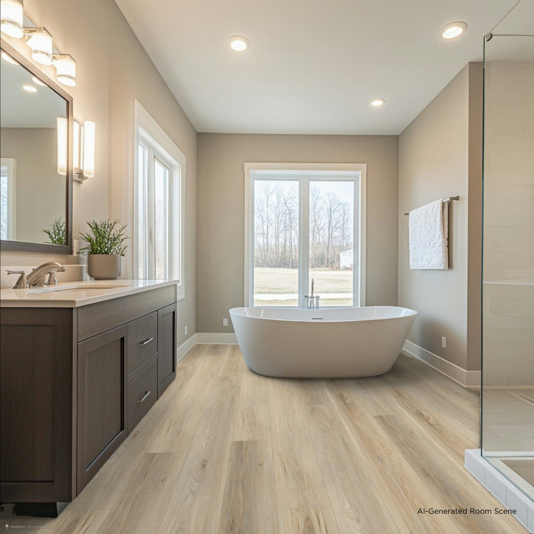 AI-Generated Room Scene with Becki Owens Allure Stoneform® flooring in a modern, simple bathroom.