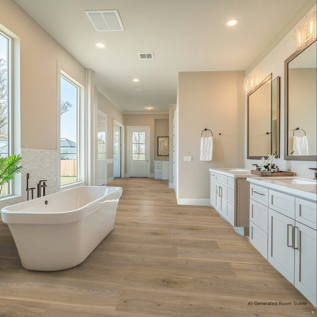 AI-Generated Room Scene with Premium Arbor flooring in a modern bathroom.