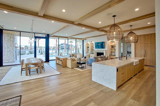 Modern open floor plan kitchen with Stoneform colorway Rustic by Becki Owens for a modern, timeless flooring design that's scratch resistant, waterproof, stain resistant, and durable. 