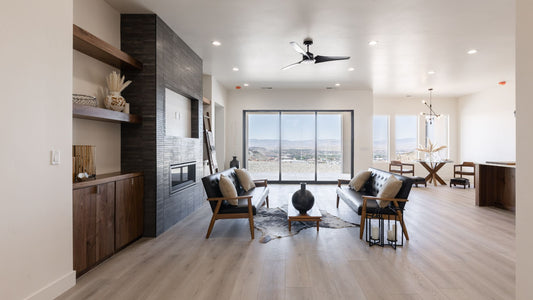 Elite Join flooring in a leaving room with a modern, rustic design. 