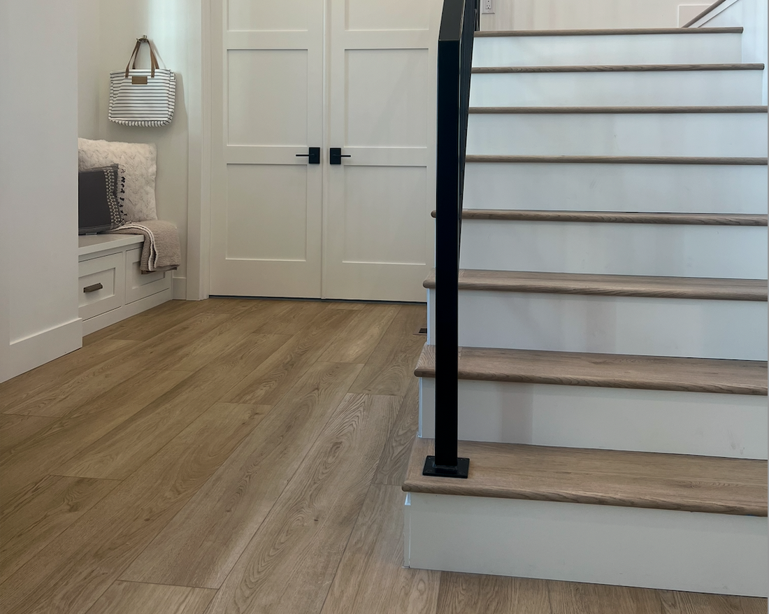 Stairway and mudroom area with Stoneform color Honey by Becki Owens- specifically for small spaces to help them appear larger