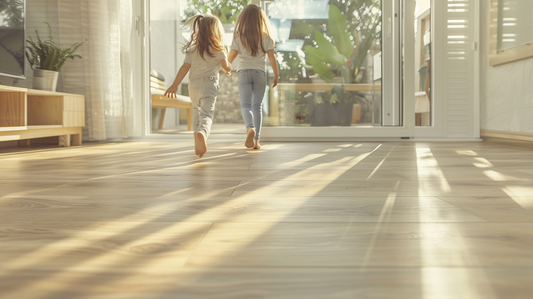 Two girls walking on Hewn flooring