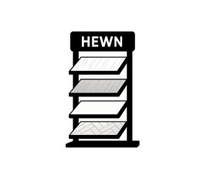 Black and white icon of a shelf with 'HEWN' branding on a white background