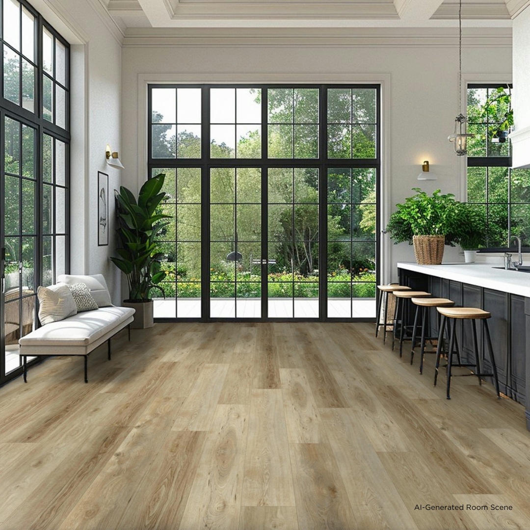 A rendering of a kitchen featuring Angela Rose Elite Sonoma Hewn Stoneform luxury flooring