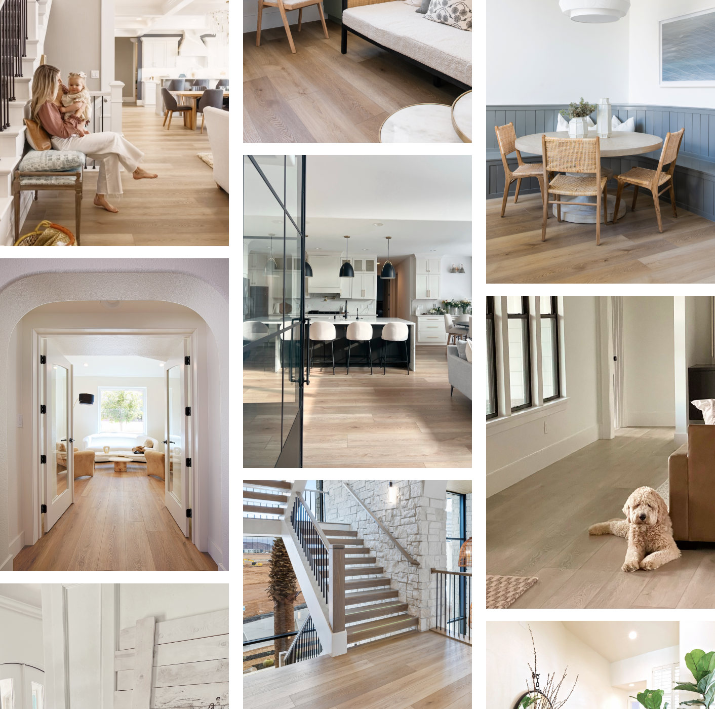 A collage of Hewn Luxury Plank Flooring installed in a variety of homes