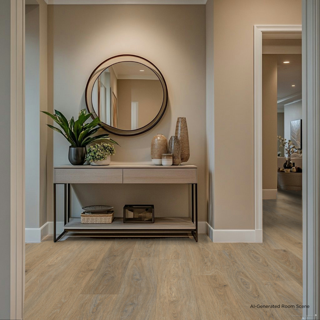 AI-Generated Room Scene with Premium Saddle flooring in an hallway. 