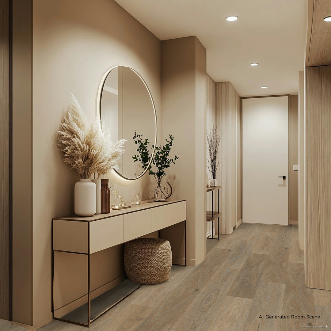 AI-Generated Room Scene with Premium Saddle flooring in an entryway. 
