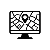 Icon of a computer monitor displaying a map with a pin on a white background